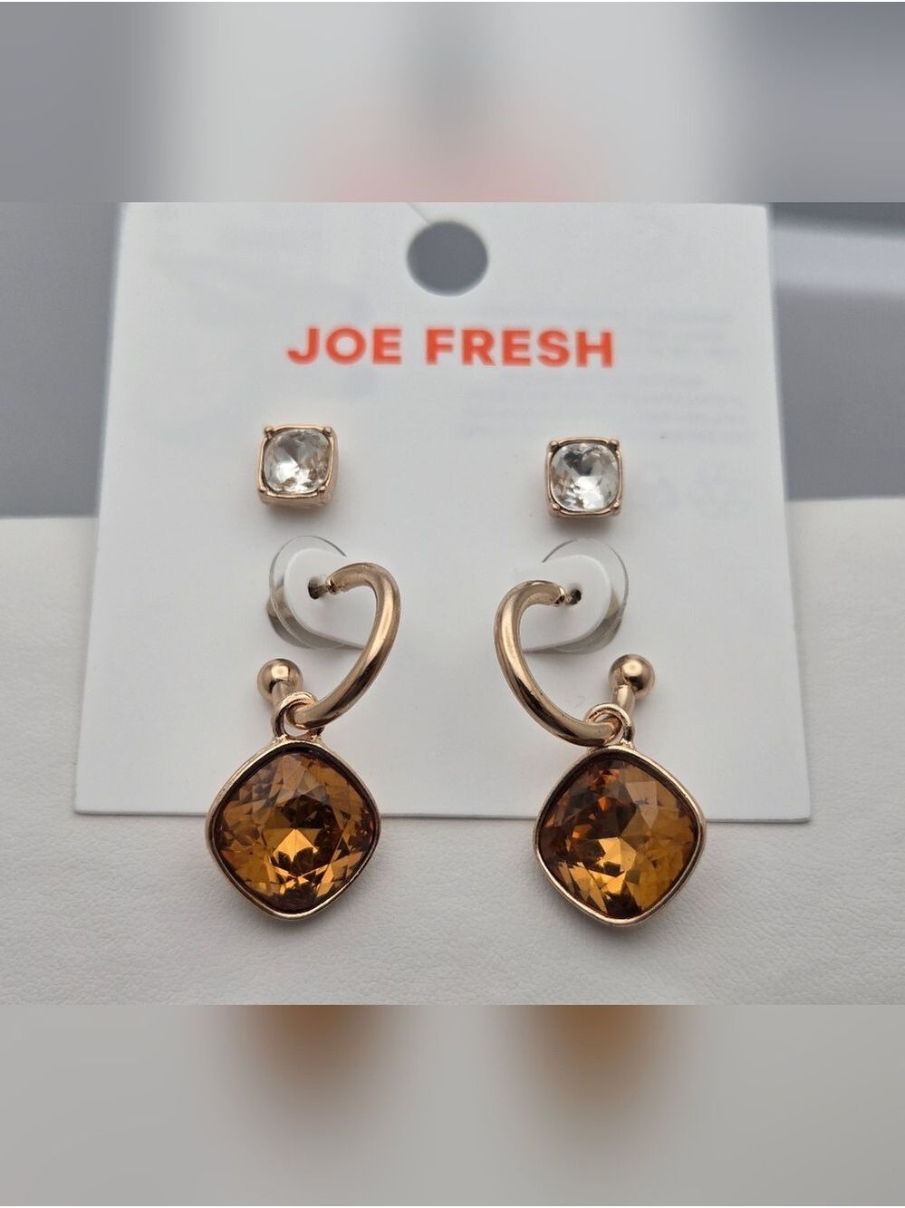 ✨2/$10✨ Amber Crystal Drop & Clear Studs Rose Gold Tone 1" New 2 Pair Earrings